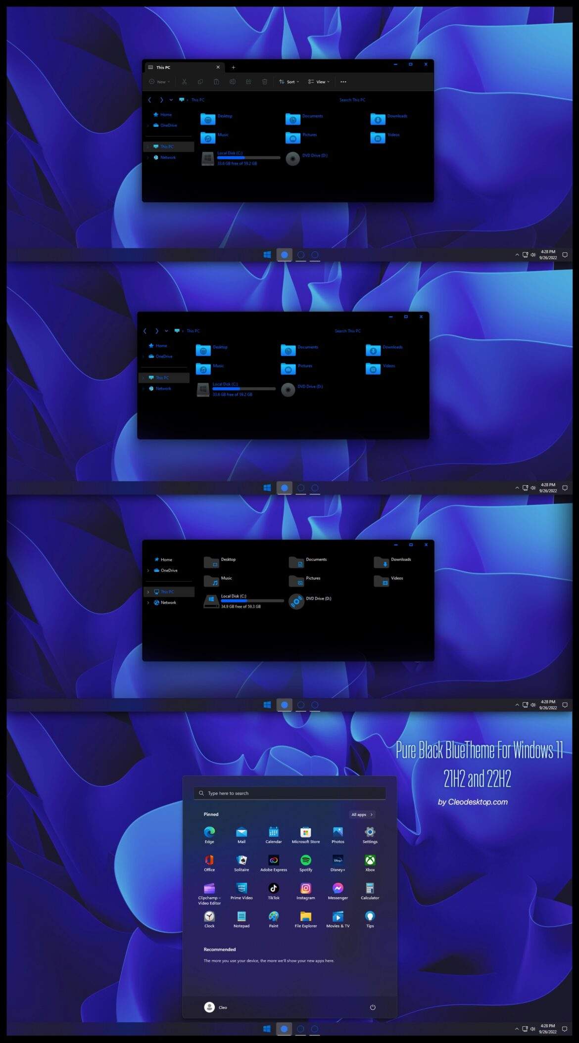 Pure Black Blue Theme For Windows 11