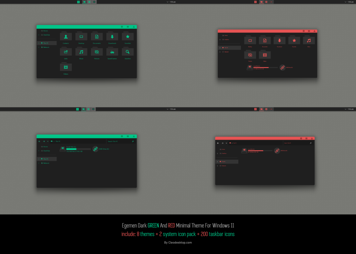Egemen Dark GREEN And RED Minimal Theme For Windows 11