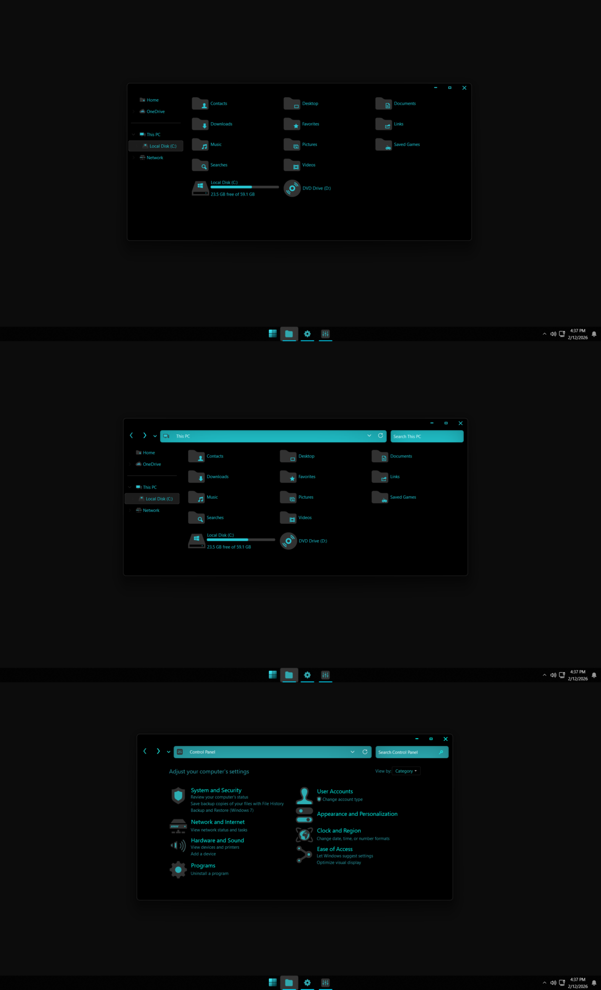 Pure Black Cyan Theme For Windows 11