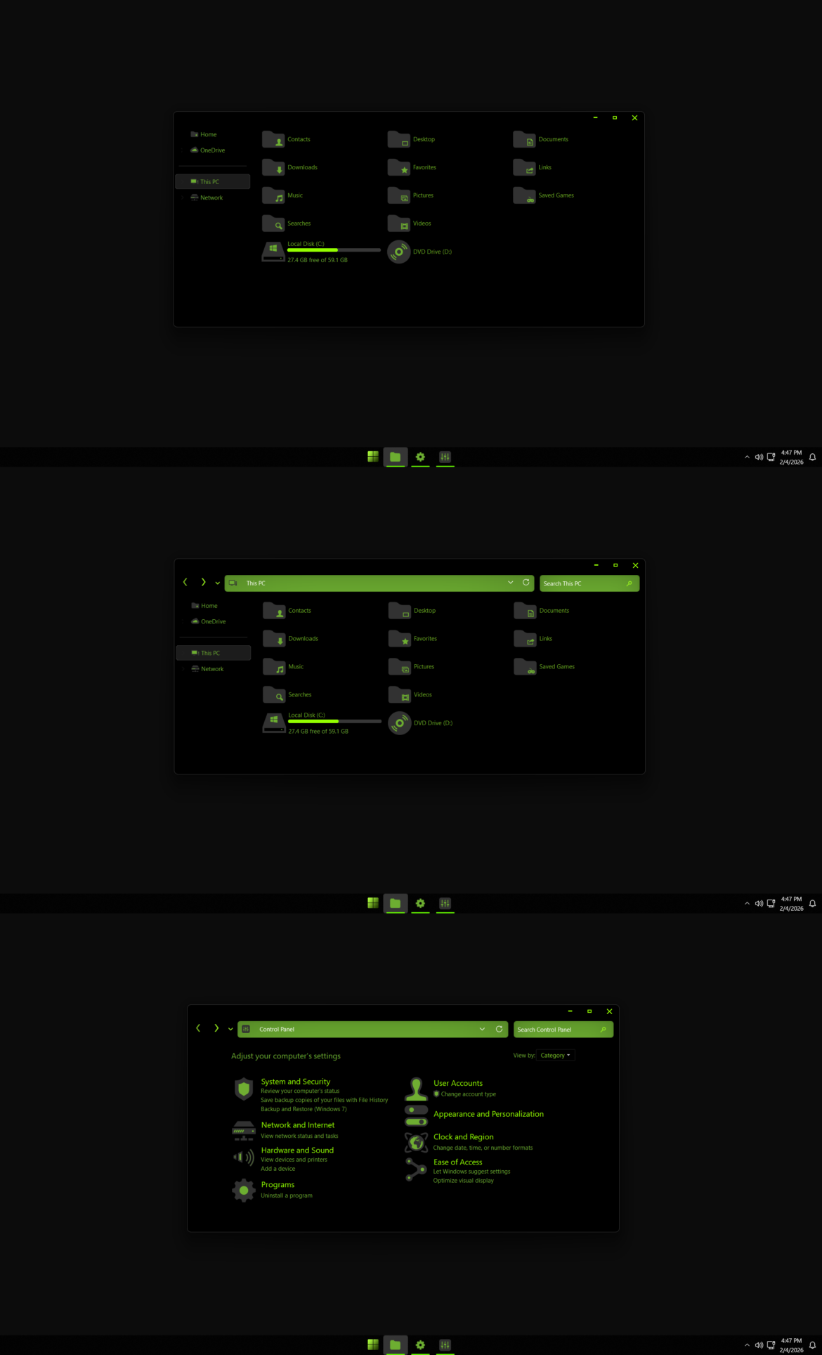 Pure Black Green Theme For Windows 11